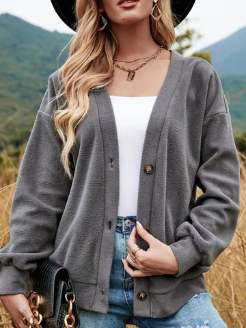 Button Down V-Neck Dropped Shoulder Jacket