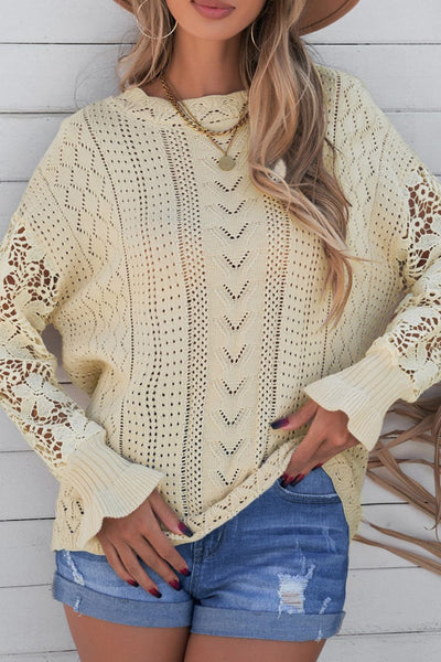 Openwork Round Neck Long Sleeve Sweater