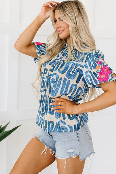 Embroidered Printed Mock Neck Short Sleeve Blouse