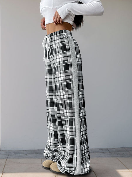 Drawstring Plaid Wide Leg Pants