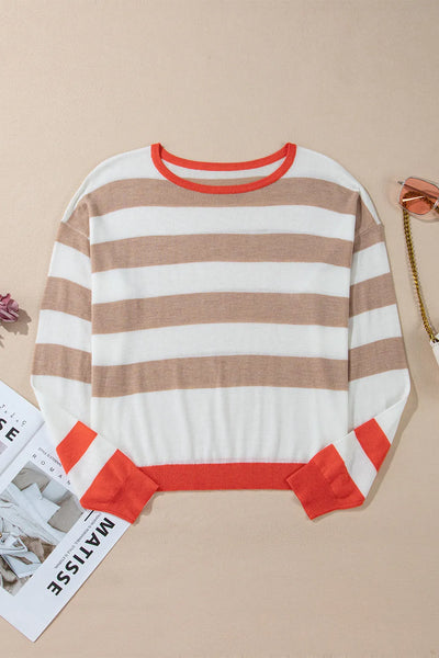 Contrast Striped Round Neck Long Sleeve Knit Top