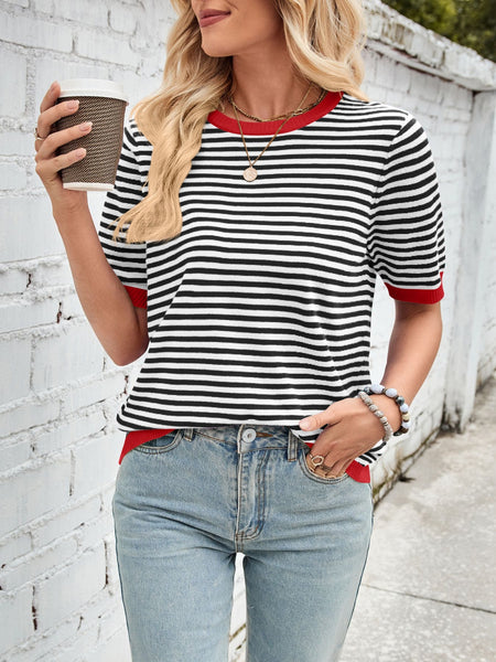 Striped Contrast Round Neck Half Sleeve Knit Top