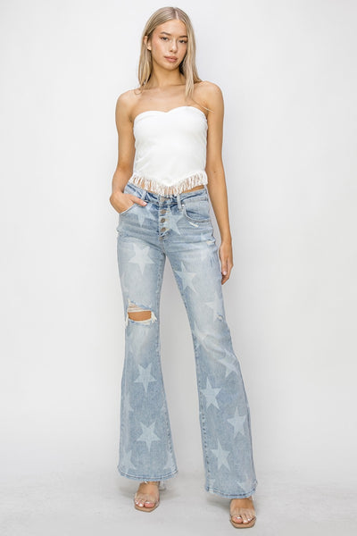 Mid Rise Button Fly Start Print Flare Jeans