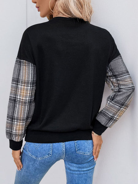 Plaid Round Neck Long Sleeve Sweatshirt