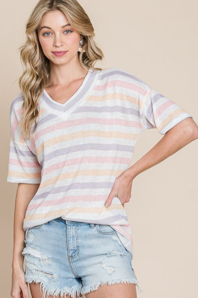 Striped V-Neck Short Sleeve T-Shirt