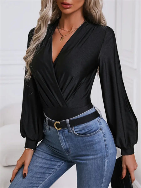 Surplice Slit Long Sleeve Bodysuit