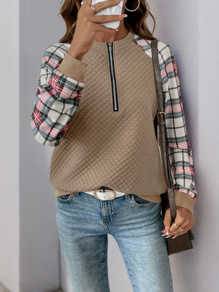 Plaid Half Zip Long Sleeve Texture Sweatshirt