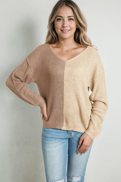 Contrast Color V-Neck Long Sleeve Sweater