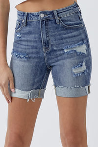 Distressed Rolled Denim Shorts with Pockets