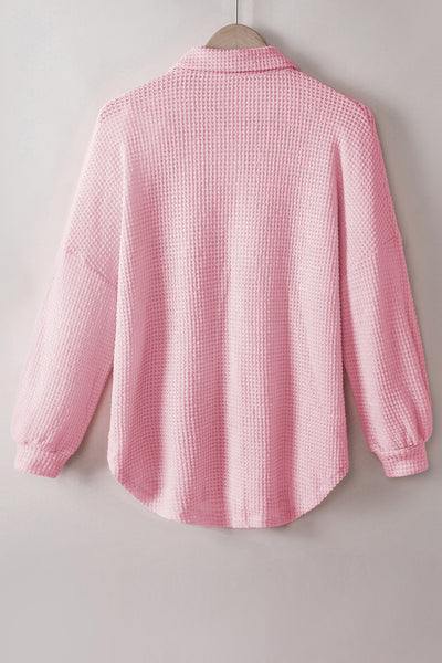 Waffle-Knit Collared Neck Long Sleeve Shirt