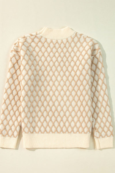 Diamond shaped Pattern Mock Neck Long Sleeve Sweater