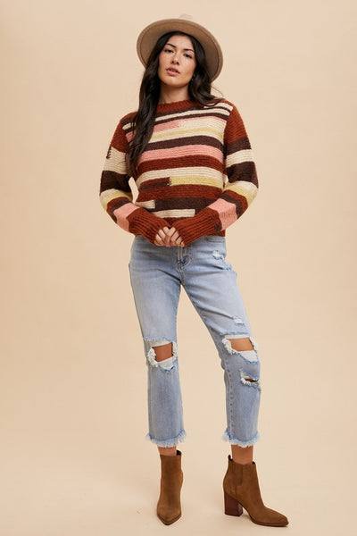 Wear Color Block Round Neck Long Sleeve Sweater