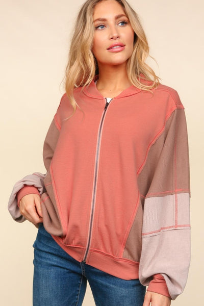 Zip Up Color Block Bomber Jacket with Side Pockets