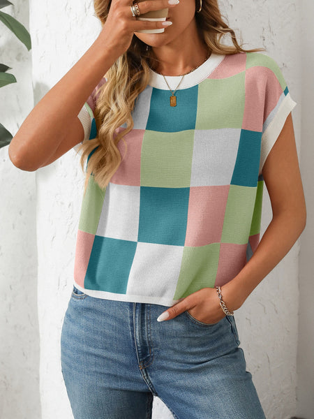 Checkered Round Neck Cap Sleeve Knit Top