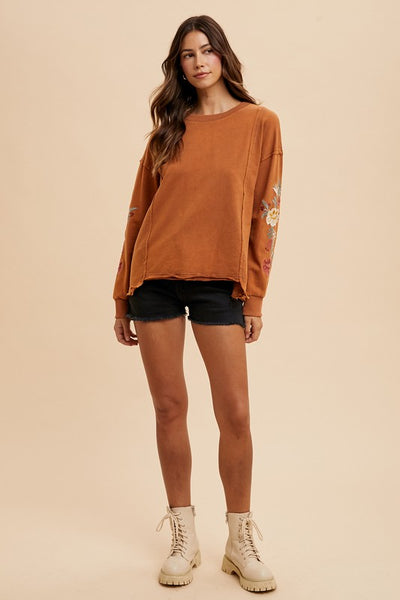Embroidered Long Sleeve French Terry Top