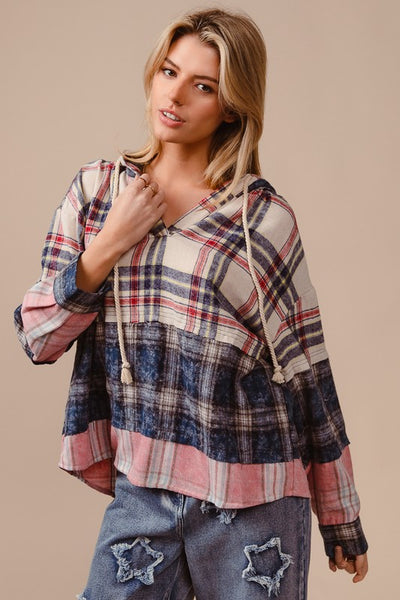 Drawstring Plaid Drop Shoulder Hoodie