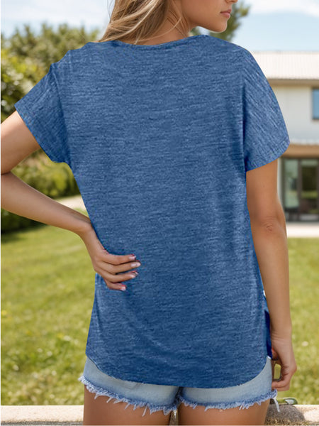 Pocketed Heathered V-Neck Short Sleeve T-Shirt
