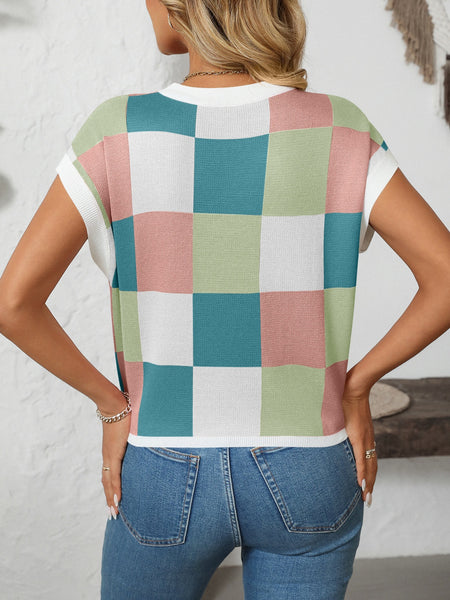 Checkered Round Neck Cap Sleeve Knit Top