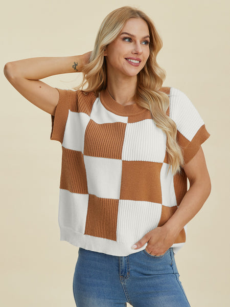 Checkered Round Neck Short Sleeve Sweater