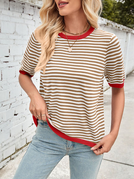 Striped Contrast Round Neck Half Sleeve Knit Top