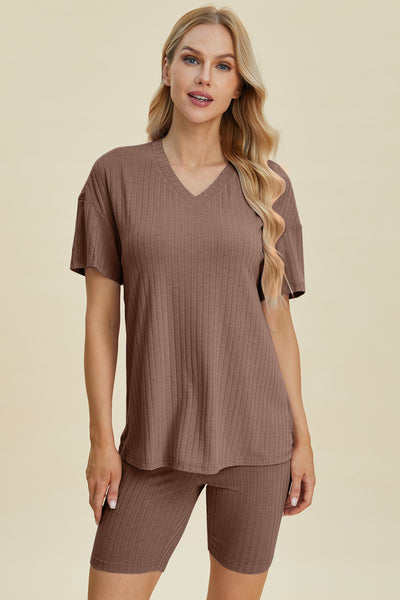 Ribbed V-Neck Short Sleeve Top and Shorts Set