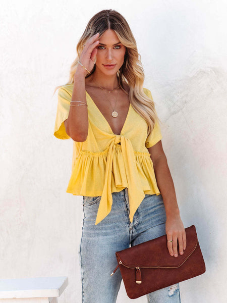 Tied Plunge Short Sleeve Blouse