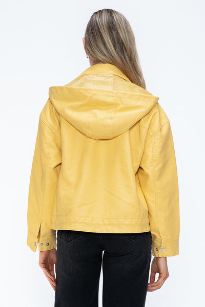 Drawstring Hem PU Leather Zip Up Jacket