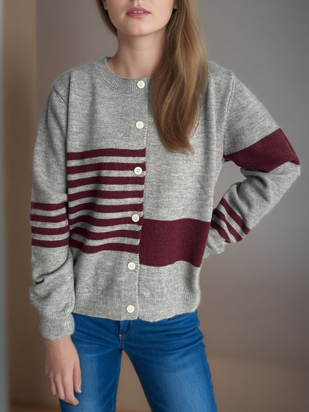 Striped Color Block Round Neck Cardigan