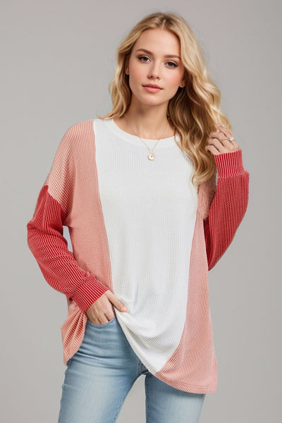 Texture Contrast Round Neck Long Sleeve T-Shirt