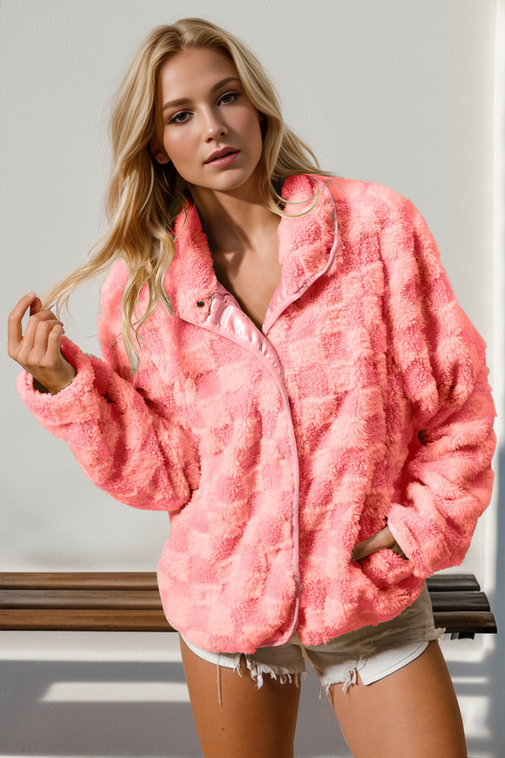 Checkered Long Sleeve Fuzzy Jacket