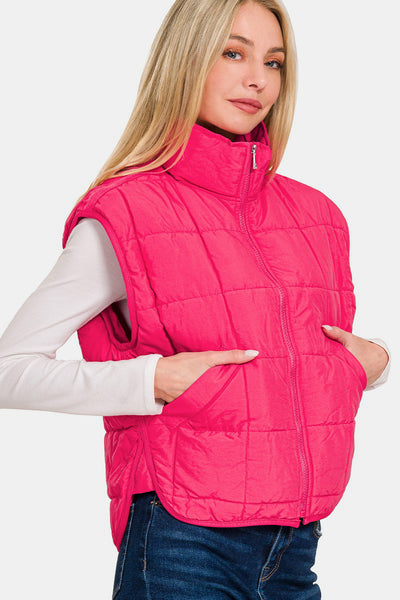 Zip Up Cropped Puffer Vest with Pockets