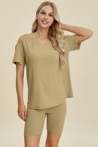 Ribbed V-Neck Short Sleeve Top and Shorts Set