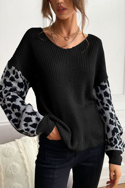 Leopard Sleeve Dropped Shoulder Sweater