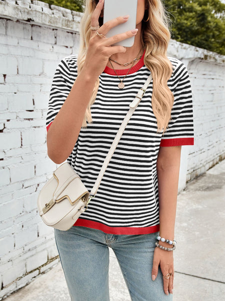 Striped Contrast Round Neck Half Sleeve Knit Top