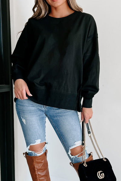 Side Slit Round Neck Long Sleeve Sweatshirt