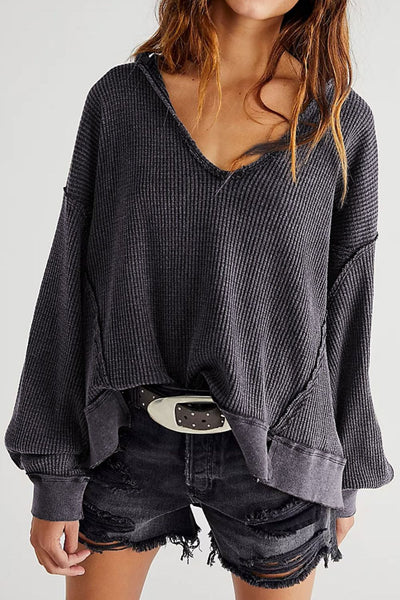 Waffle-Knit Notched Long Sleeve Sweatshirt