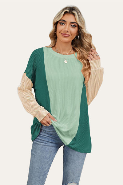 Texture Contrast Round Neck Long Sleeve T-Shirt