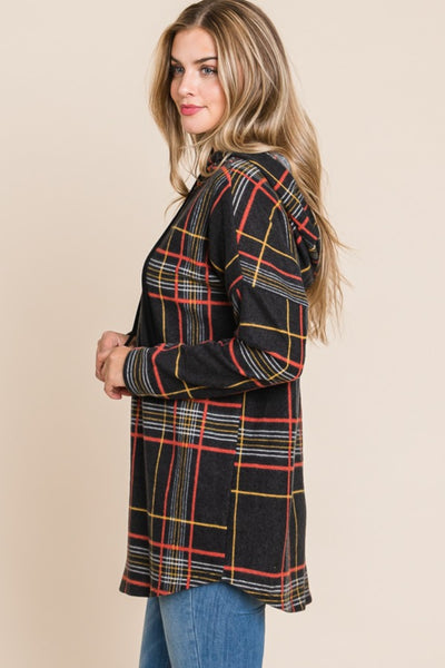 Drawstring Plaid Long Sleeve Hoodie
