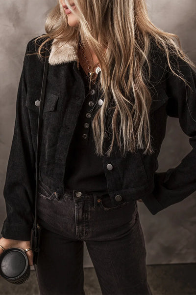 Fuzzy Collared Neck Button Down Jacket