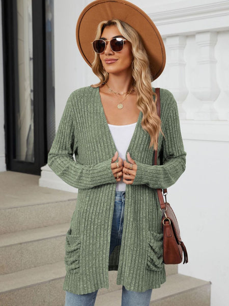 Pocketed Open Front Long Sleeve Cardigan