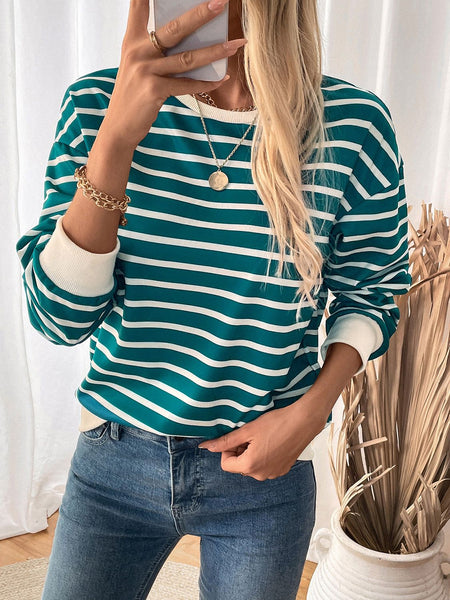 Striped Contrast Round Neck Long Sleeve Sweatshirt