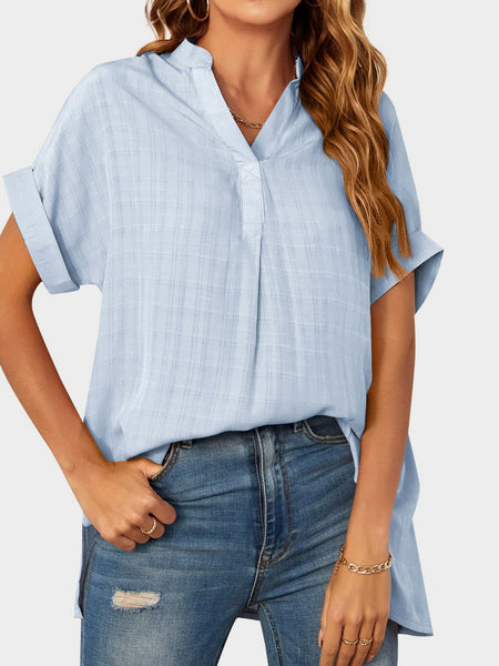 Side Slit Notched Short Sleeve Blouse