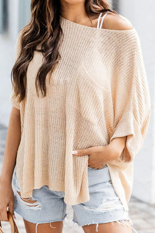 Slit Boat Neck Half Sleeve Knit Top