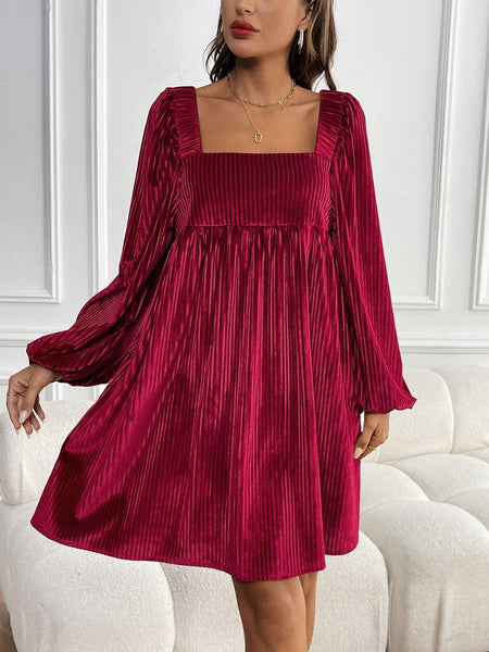 Tied Pocketed Square Neck Long Sleeve Dress