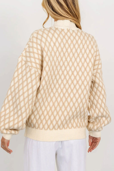 Diamond shaped Pattern Mock Neck Long Sleeve Sweater