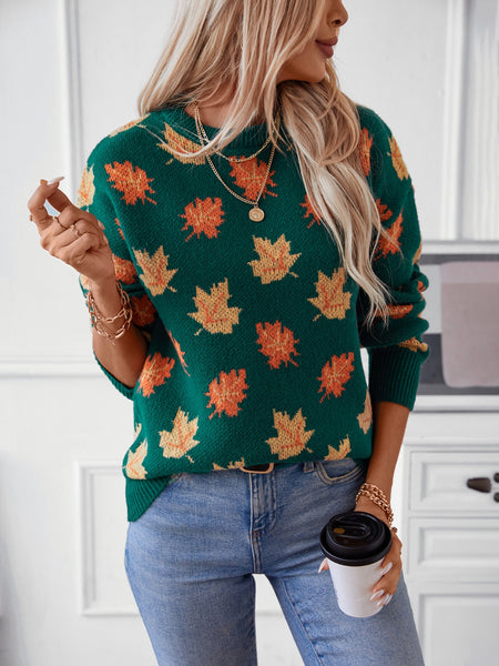 Maple Leaf Round Neck Long Sleeve Sweater