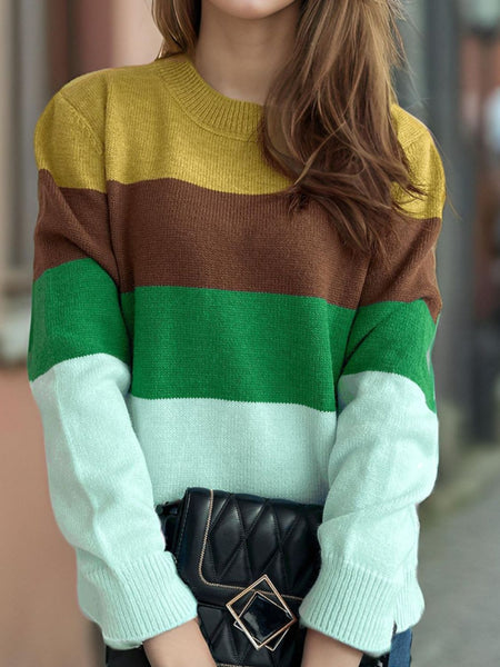 Color Block Round Neck Long Sleeve Sweater