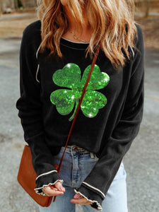 Sequin Lucky Clover Lettuce Trim Long Sleeve Top