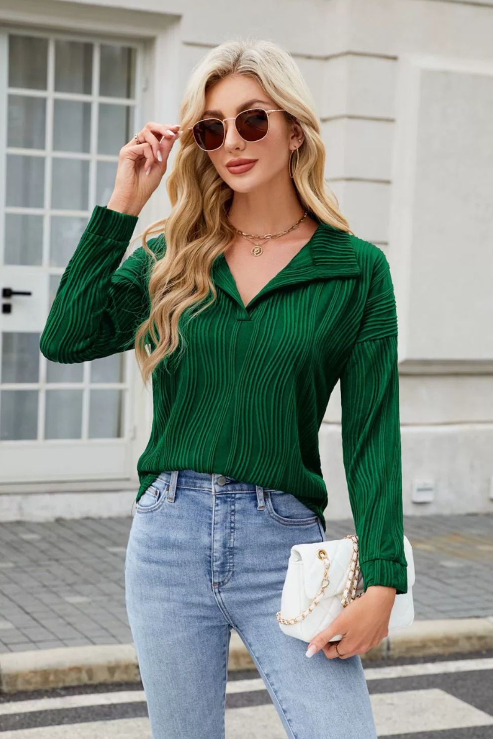 Texture Collared Neck Long Sleeve Blouse