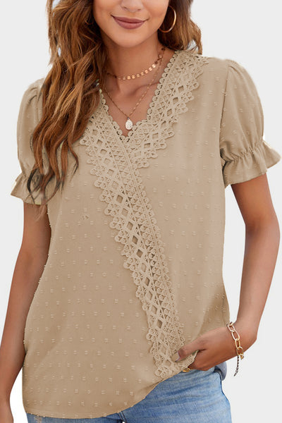 Dot Lace Detail V-Neck Short Sleeve Blouse